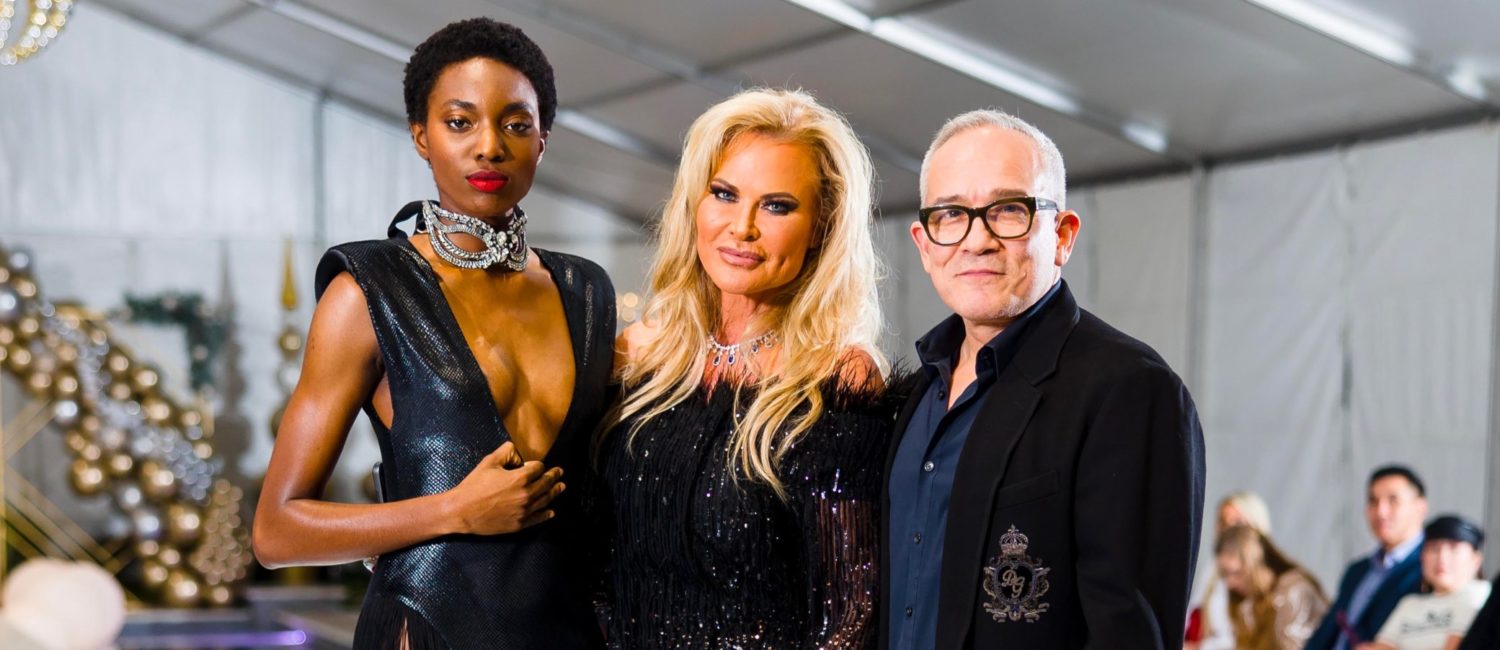 A model in Cesar Galindo, hostess Theresa Roemer, designer Cesar Galindo at the Fashion Woodlands (Photo by Hung Truong Photography)