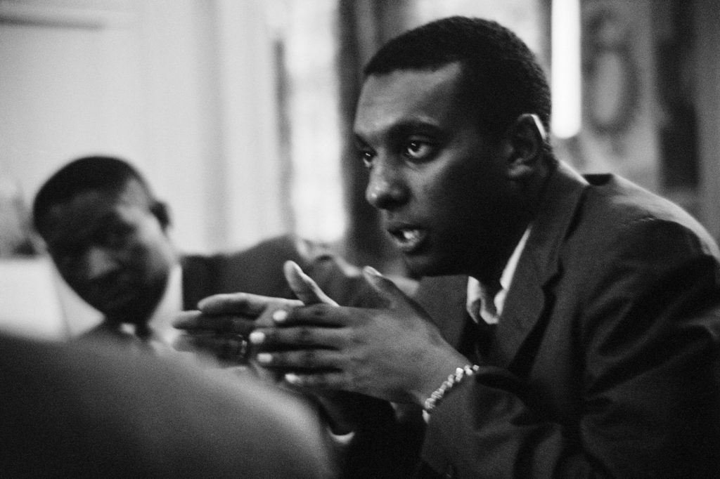 Gordon Parks photographs Carmichael speaking to Student Nonviolent Coordinating Committee (SNCC) members and staff of The Movement newspaper, San Francisco, California, 1966 (Courtesy The Gordon Parks Foundation)