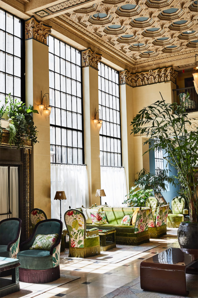 The original coffered ceiling and other Neoclassical architecture details in the lobby at Hotel Per La (photo by The Ingalls)