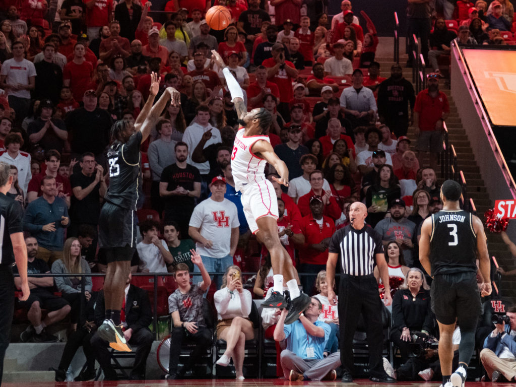 University of Houston forward J'Wan Roberts will go high to contest a shot. (Photo by F. Carter Smith)
