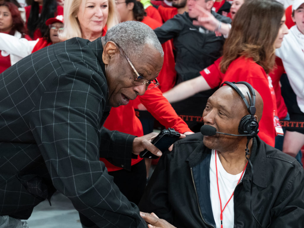 Astros manager Dusty Baker shared a moment with UH and Houston Rockets legend Elvin Hayes. (Photo by F. Carter Smith)