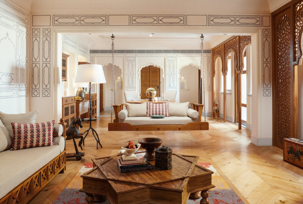 The Rani Rajkumari Suite living room at Six Senses Fort Barwara.