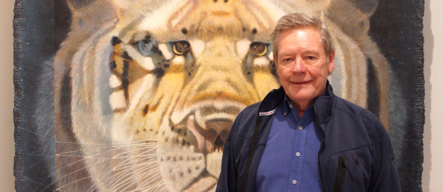 Gremillion & Co. Fine Art owner Ron Gremillion with Eric Peters’ “Q-bistic Tiger No. 3.” (Courtesy Gremillion & Co. Fine Art and Horizon on Sunset)