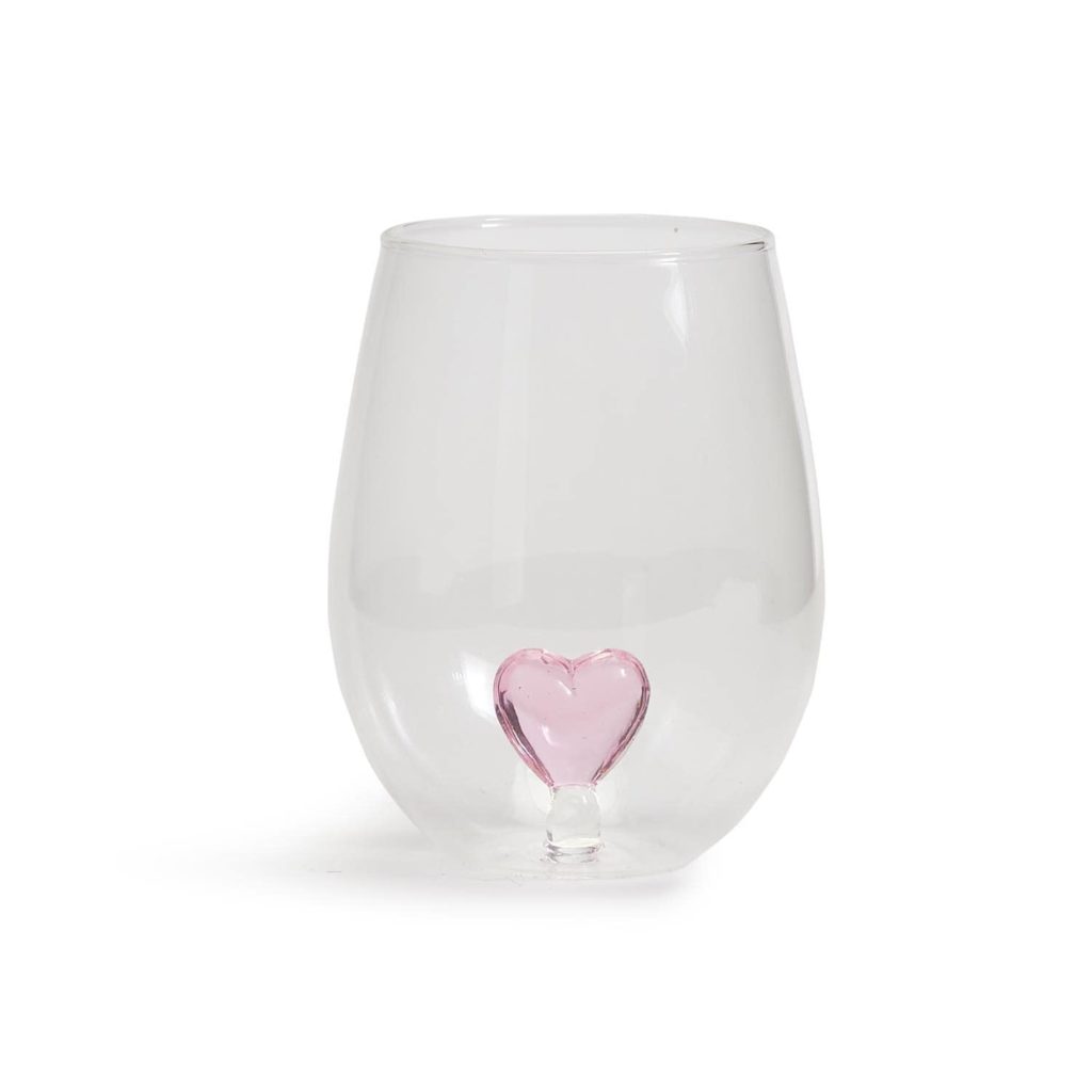 St. Michael’s Woman’s Exchange Two’s Company Pink Heart Stemless Wine Glass, $27.50