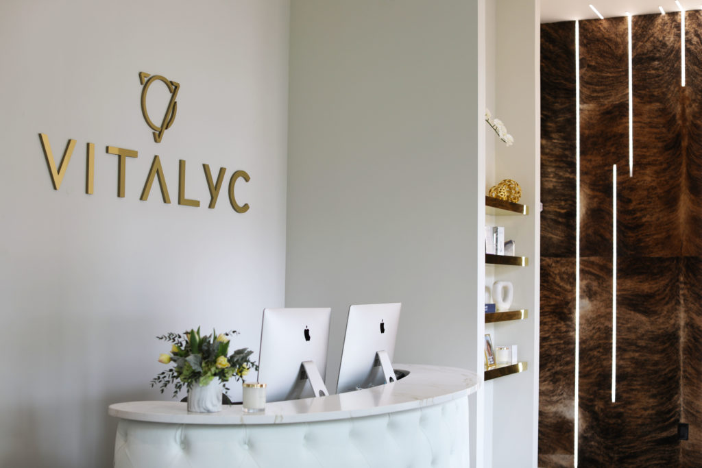The front desk inside the brand new Vitalyc Medspa which opens this week in Fort Worth. Photo by Maria Diss.