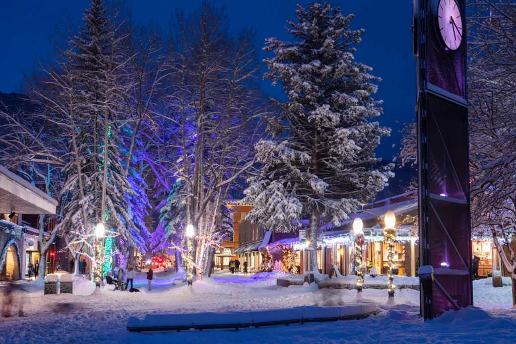 Aspen at night during the holidays. 