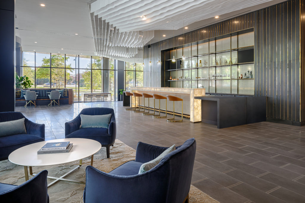 Convenient resident bar with views of Fountain Place Plaza.