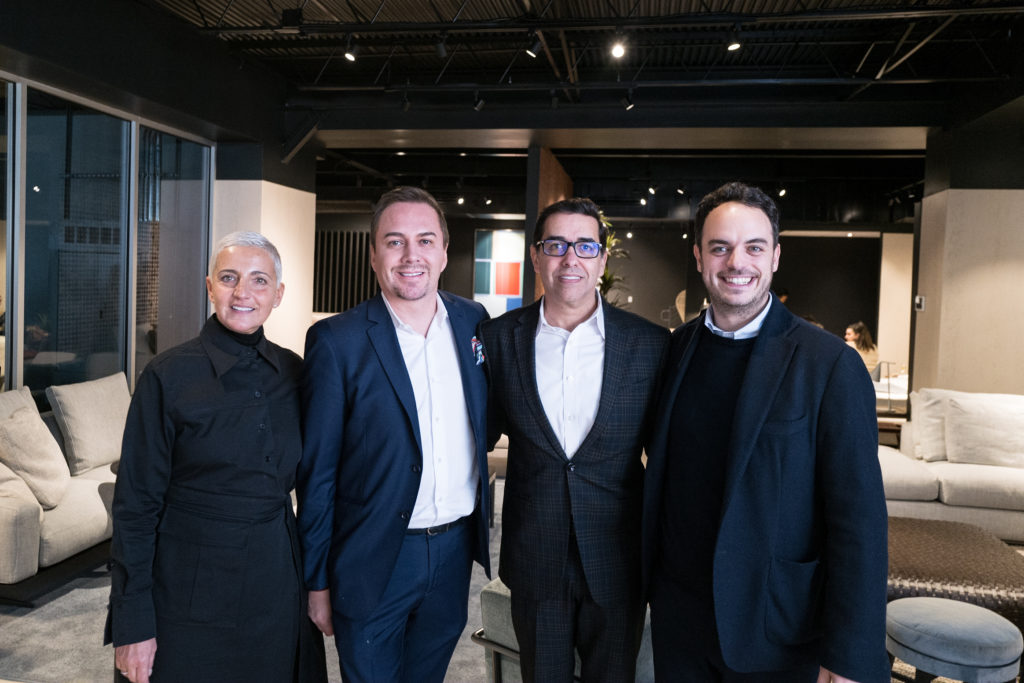 Flexform's Antonella Cremonesi, Adrian Dueñas, Marcelo Saenz, Flexform's Stefano Levati at the opening of the Flexform flagship showroom at BeDesign (Photo by Daniel Ortiz)