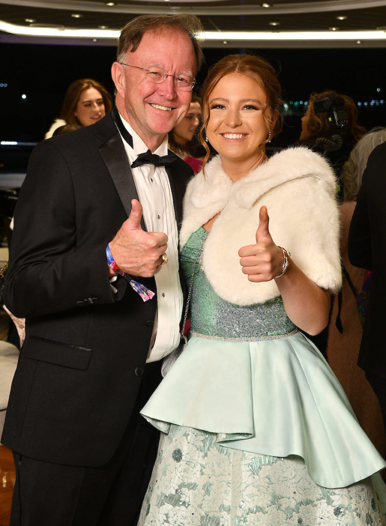 Sophie Titterington and her father Chris Titterington  at the San Luis Salute Mardi Gras ball at the Galveston Island Convention Center at The San Luis Resort. (Photo by Dave Rossman)
