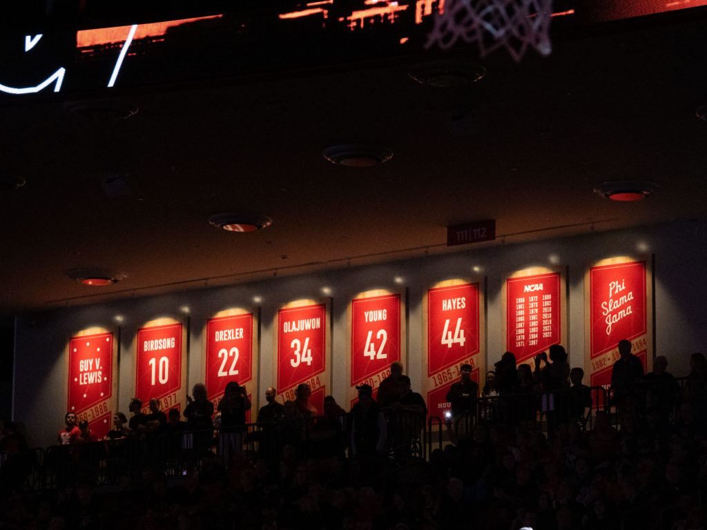 The legends of Phi Slama Jamal are in the rafters as an arguably even greater era of UH basketball piles up wins. (Photo by F. Carter Smith)