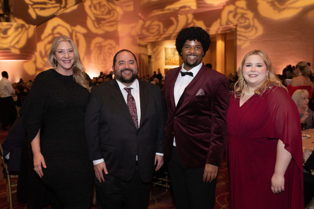 Elizabeth & Richard Husseini, Concert of Arias prize winner Demetrious Sampson Jr. HGO Studio artist Emily Treigle at Houston Grand Opera's Concert of Arias at Wortham Theater Center. (Photo by Wilson Parish)