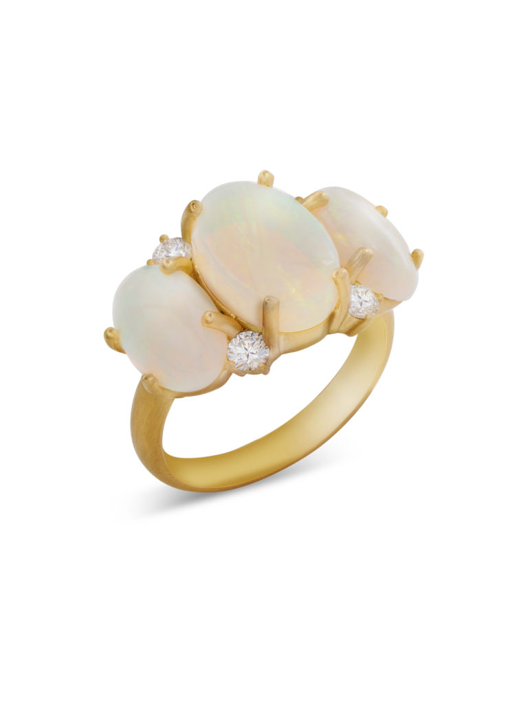  Irene Neuwirth One-Of-A-Kind Three Stone Opal and Diamond Yellow Gold Ring