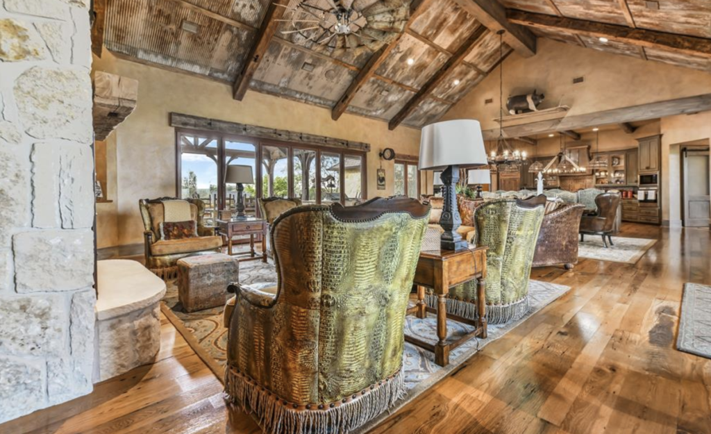 High ceilings and wood beams make for a grand entrance.