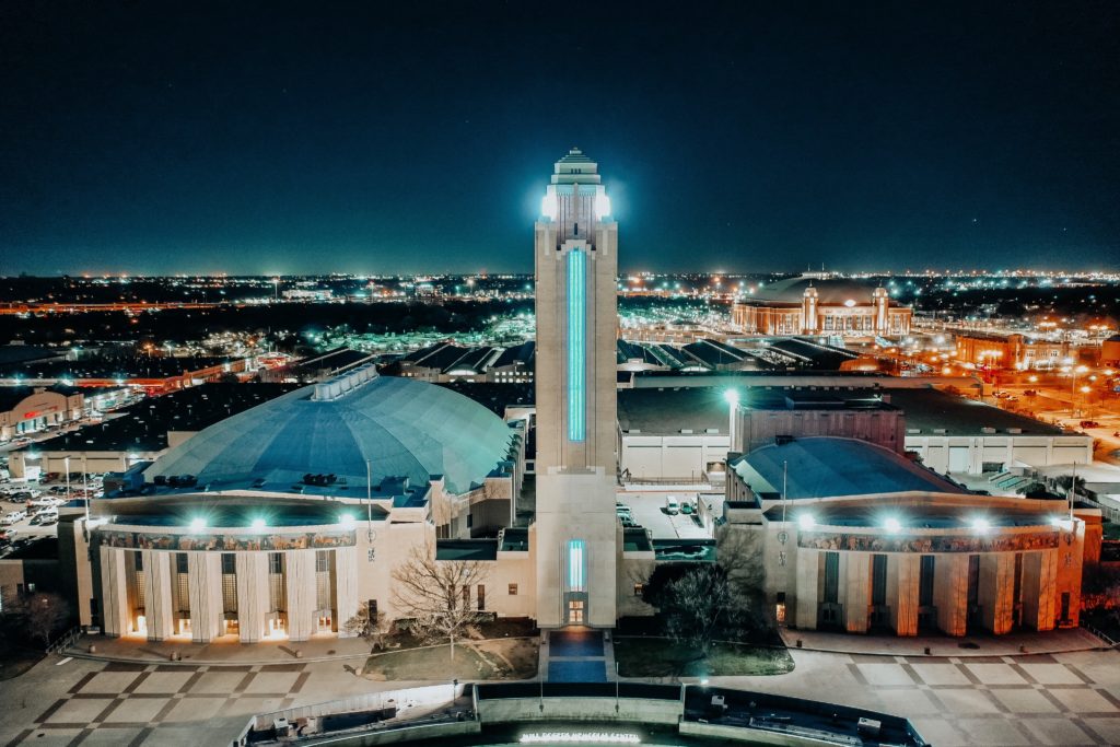 Will Rogers Memorial Center shines like a beacon at night.