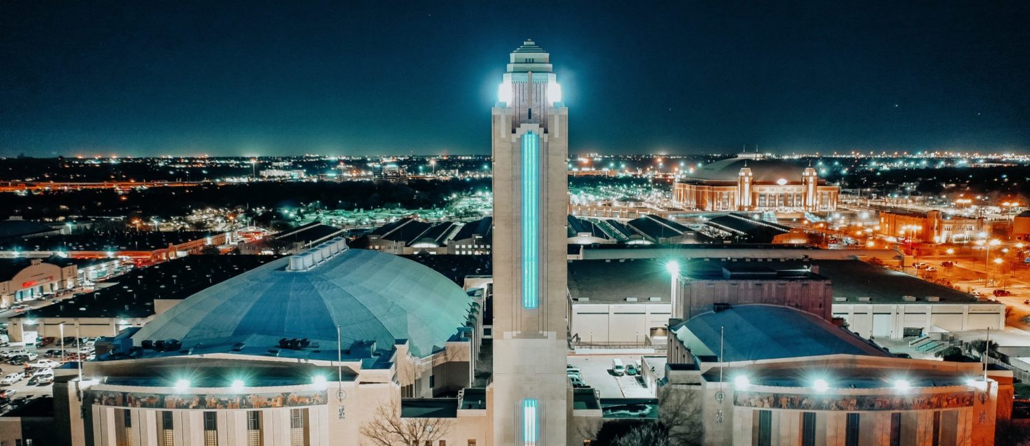 Will Rogers Memorial Center shines like a beacon at night.