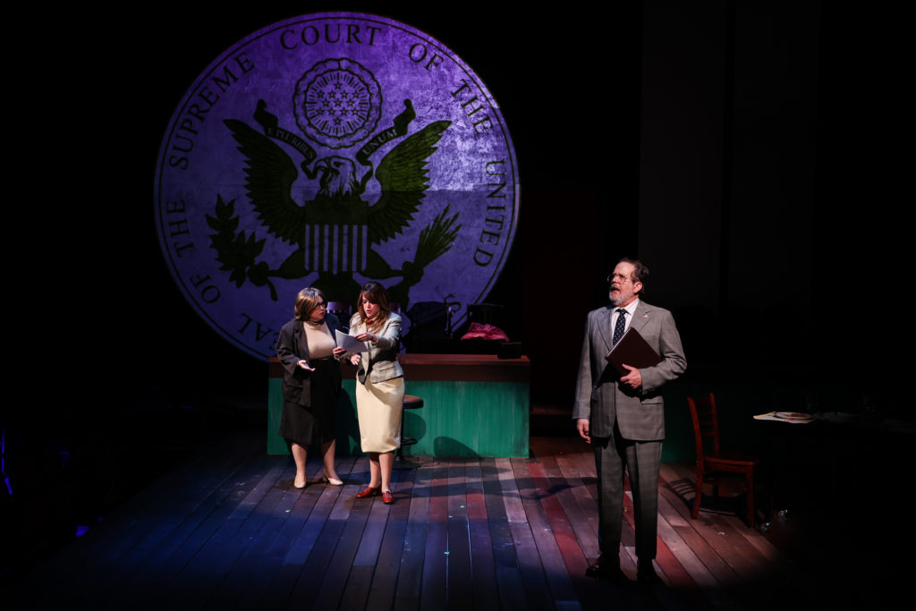 Thomas Prior, Kelley Peters (Sarah Weddington) and Chaney Moore in Stages production of ROE (Photo by Melissa Taylor)