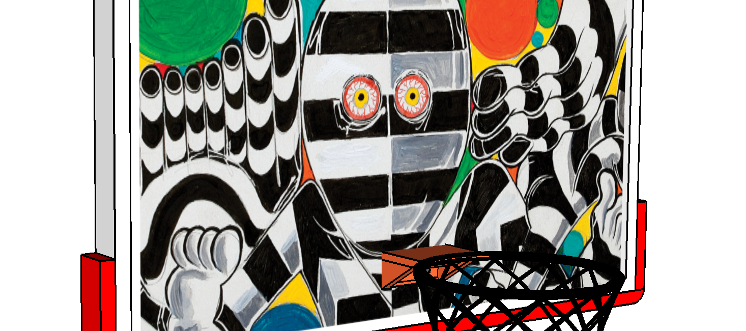 Trenton Doyle Hancock’s “Becoming the Toymaker: Phase 14 of 41, or Trenton Doyle Hancock’s “Becoming the Toymaker: Phase 14 of 41, or Common Phenomenon or Simply Commonenon,” 2017, inspired one of the backboards for CAMH Court. (Courtesy of the artist and James Cohan, New York)