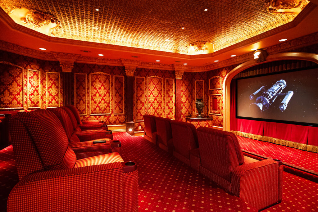The 12 seat theatre inside 4400 Overton Crest, is modeled after vintage Chicago movie-houses.