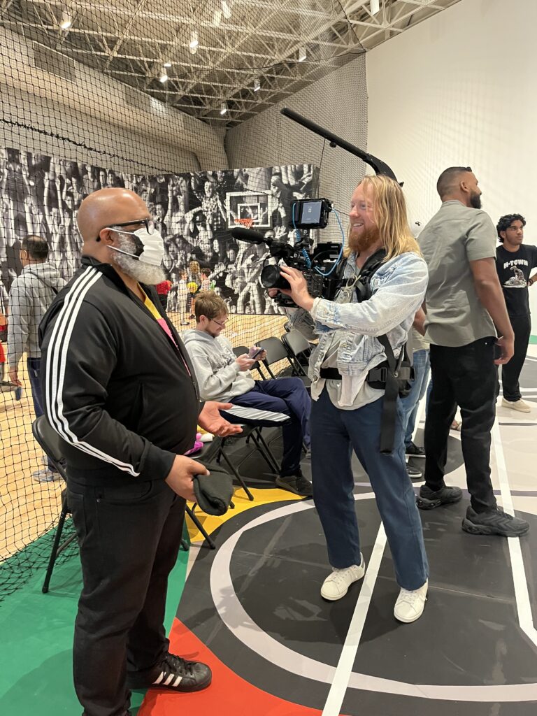 Artist Trenton Doyle Hancock conducts a press interview on opening day of CAMH COURT, Saturday, March 18, 2023. (Photo by Lester Marks)