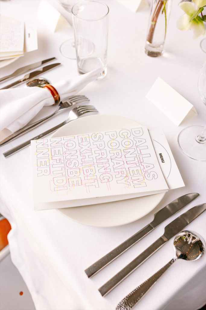 The menu at the Dallas Contemporary Spring 2023 Exhibitions Benefit Dinner. (photo by Paul Arturo Torres) (Photo by Sheryl Lanzel)