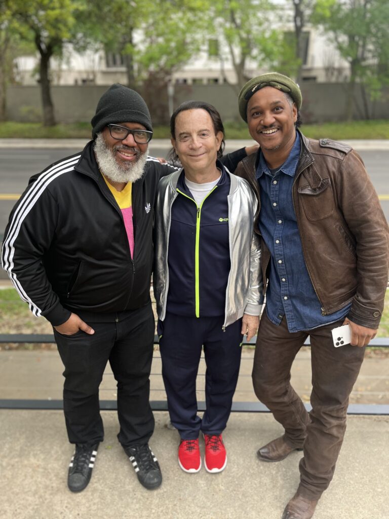 Artist Trenton Doyle Hancock, art patron Lester Marks, artist Angelbert Metoyer at CAMH Court, 2023 (Photo courtesy Lester Marks)