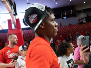 On Senior Night at the Fertitta Center, the University of Houston Cougars men’s basketball team cut down the nets after defeating Wichita State 83-66 behind Marcus Sasser’s 24 points and Jamal Shead’s 25 points
