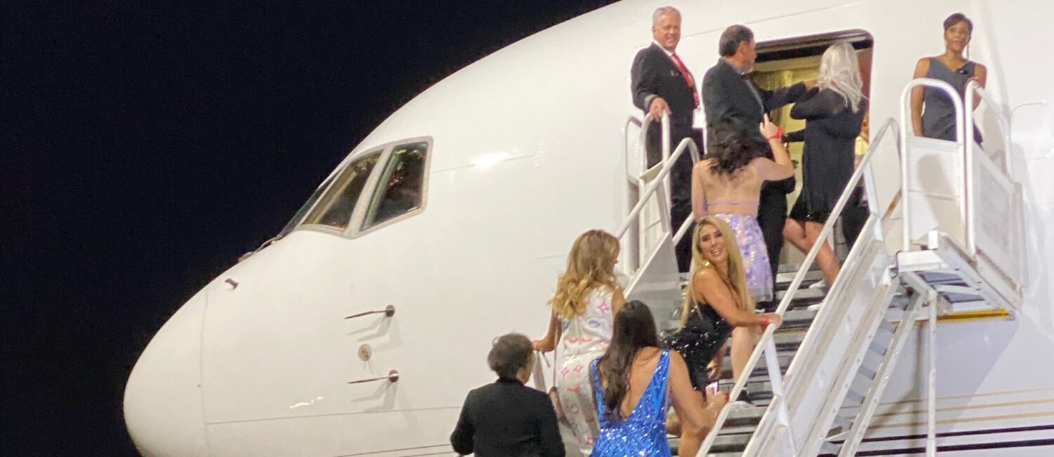 Clutch City Foundation gala guests board the Houston Rockets team jet, a 2019 retrofitted Boeing 767.