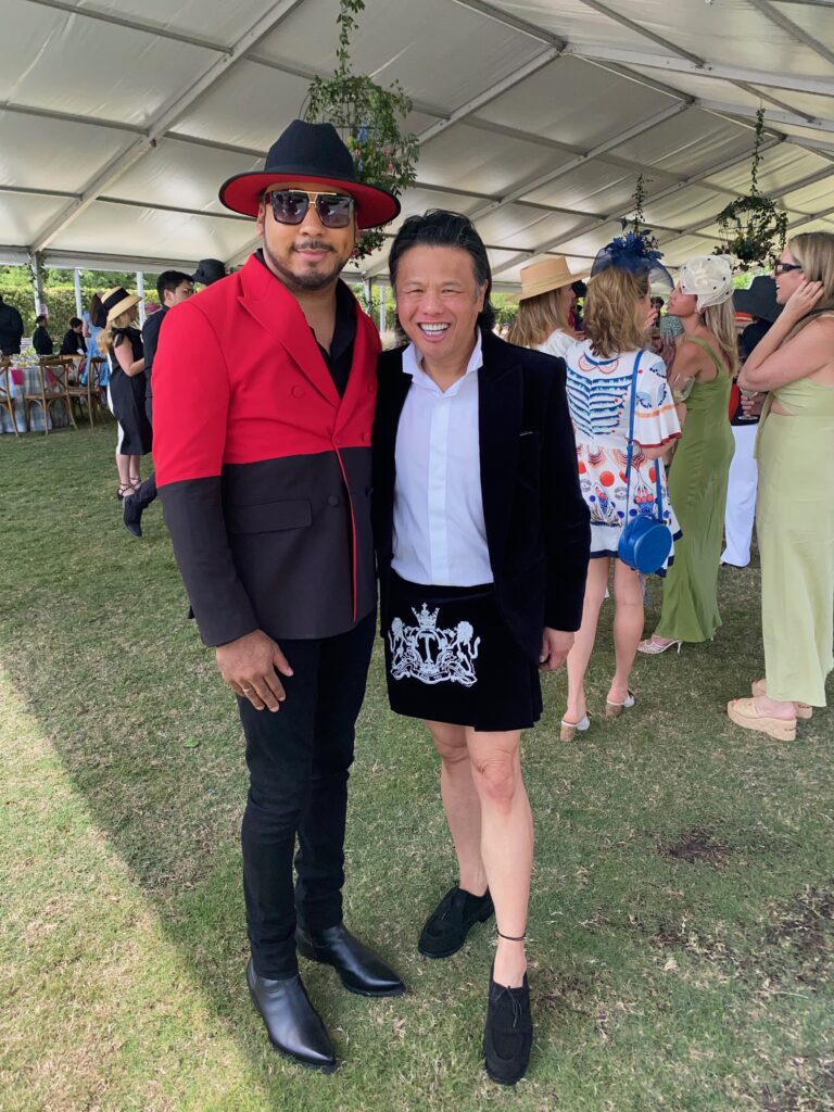Brandon McLendon, designer Zang Toi in from New York City for the Hermann Park Conservancy's 'Hats in the Park' luncheon. (Photo by Shelby Hodge0