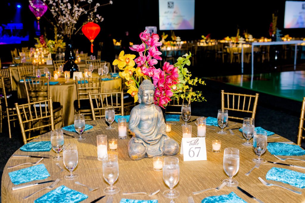 Tablescapes included floral fantasies, Buddhas, and pagodas. (Photo by Canon Elizabeth Photography)