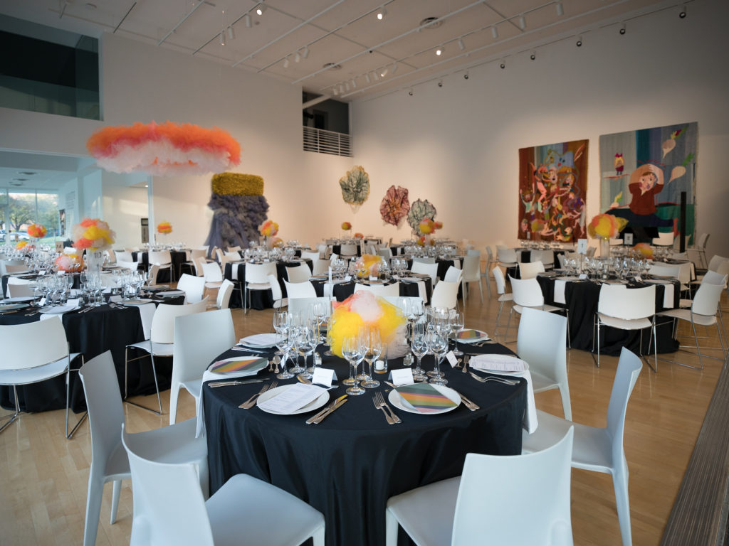 Each dinner table at Moody Center for the Arts' A Dinner for the Moody was decorated with a unique centerpiece designed by artist Ana María Hernando, whose work is included in the group exhibition "Narrative Thread," on view that night. (Photo by Daniel Ortiz)