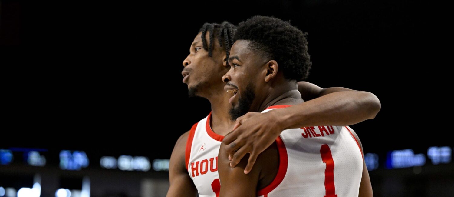 Tramon Mark picked up UH point guard Jamal Shead (No. 1) and everyone else on Houston’s roster in the NCAA Tournament road win comeback over Auburn.