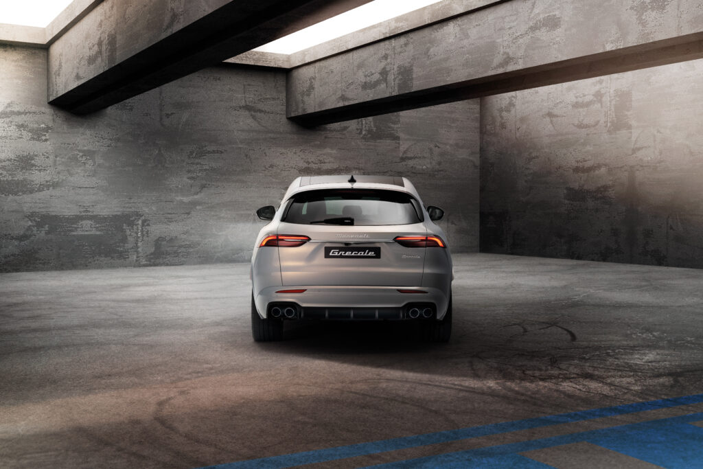 In back, “boomerang taillights” inspired by the Giugiaro 3200 GT integrate seamlessly down to the newly-designed quad exhausts that visually announce the roaring Maserati sound. (Courtesy Maserati)