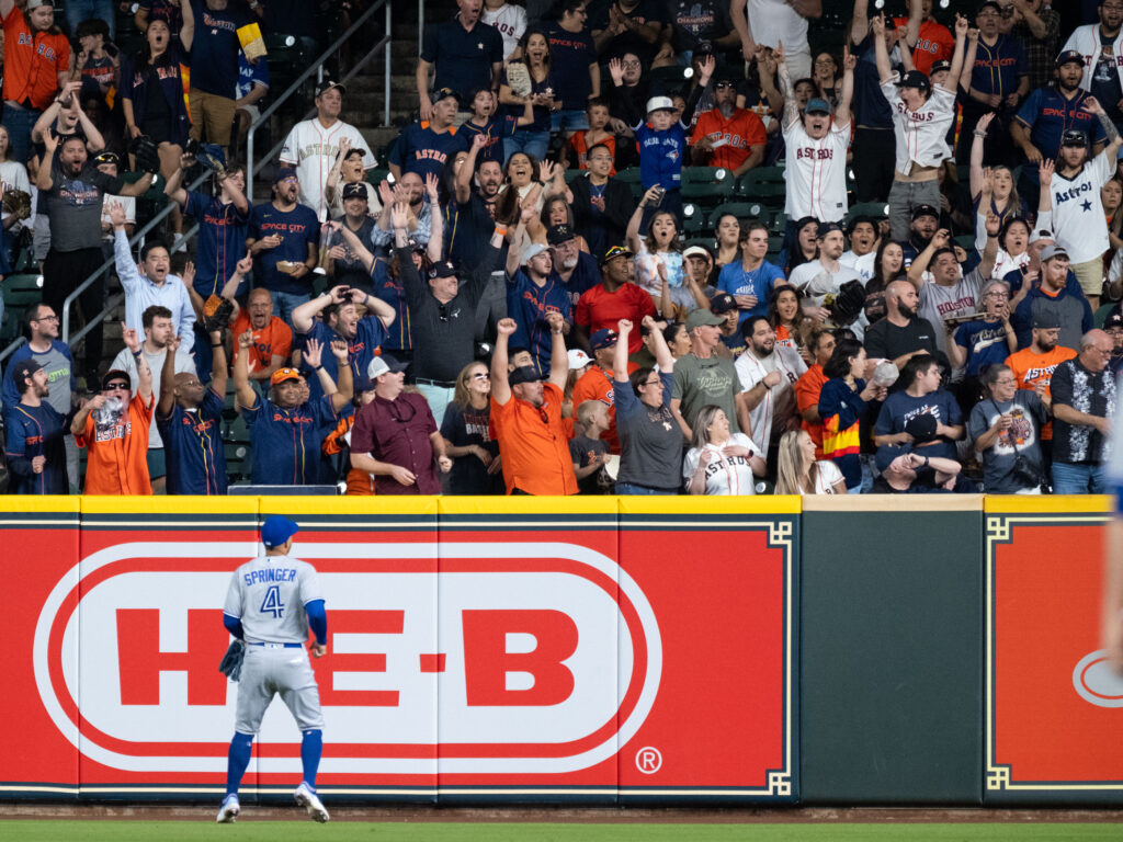 George Springer could only turn and watch Jake Meyers home run go into the Minute Maid Park stands. (Photo by F. Carter Smith)