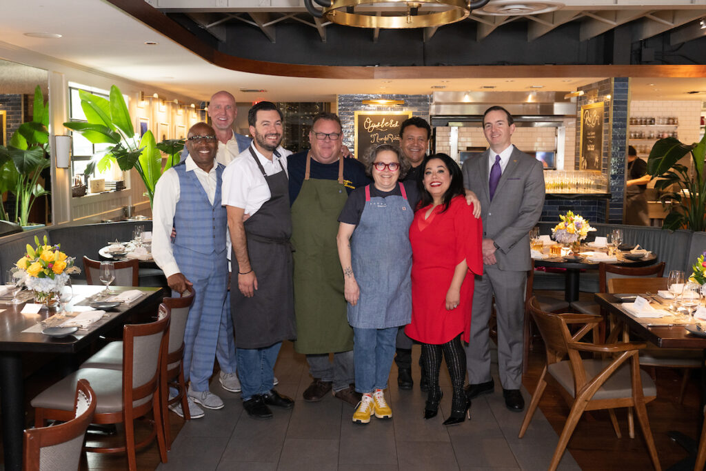 Houston Ballet Raising the Barre chairs Stanley Curtis Jr. and Mitchell B. George join Chefs Aaron Bludorn, Chris Shepherd, Rebecca Masson, and Hugo Ortego and chairs Dr. Liliana Soltero and Dr. Michael Hawkins. (Photo by Wilson Parish)