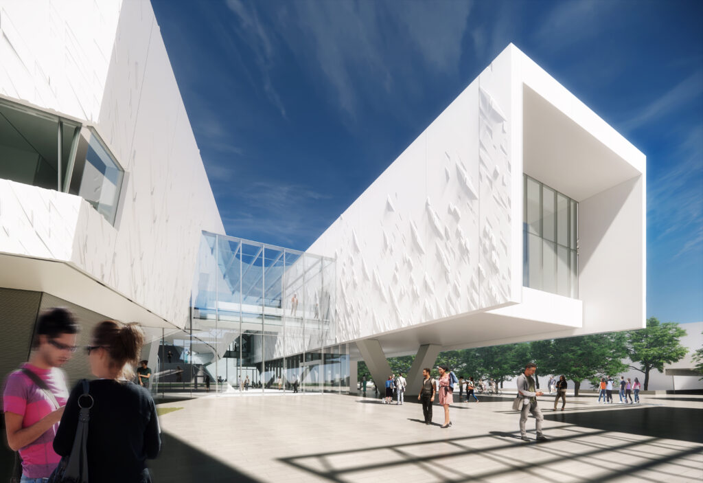 The otherworldly design of Morphosis Architects incorporates cantilevered structures and glass enclosed sanctuaries. (Rendering Morphosis Architects)