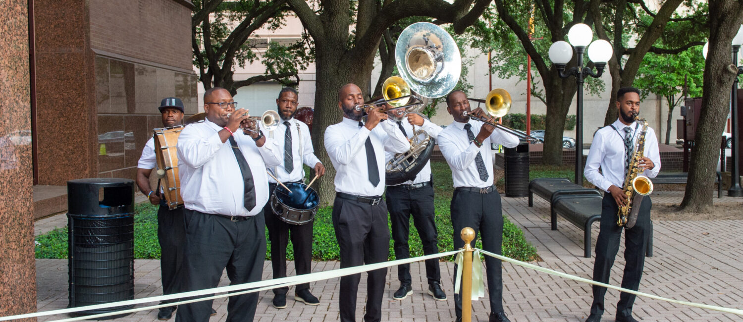 The second line band performed at the cocktail party for the Performing Arts Houston Kaleidoscope Gala. (Photo by Jacob Power)