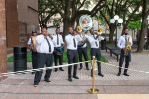 The second line band performed at the cocktail party for the Performing Arts Houston Kaleidoscope Gala. (Photo by Jacob Power)