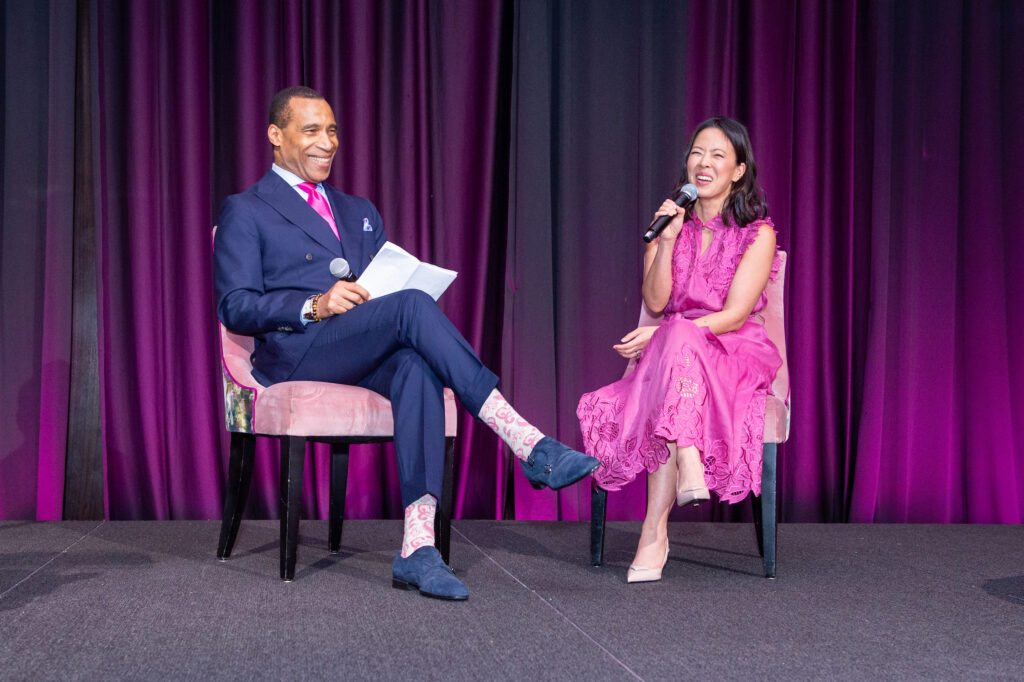 Len Cannon interviews fashion designer Christy Lynn at the American Cancer Society Tickled Pink luncheon (Photo by Jacob Power)