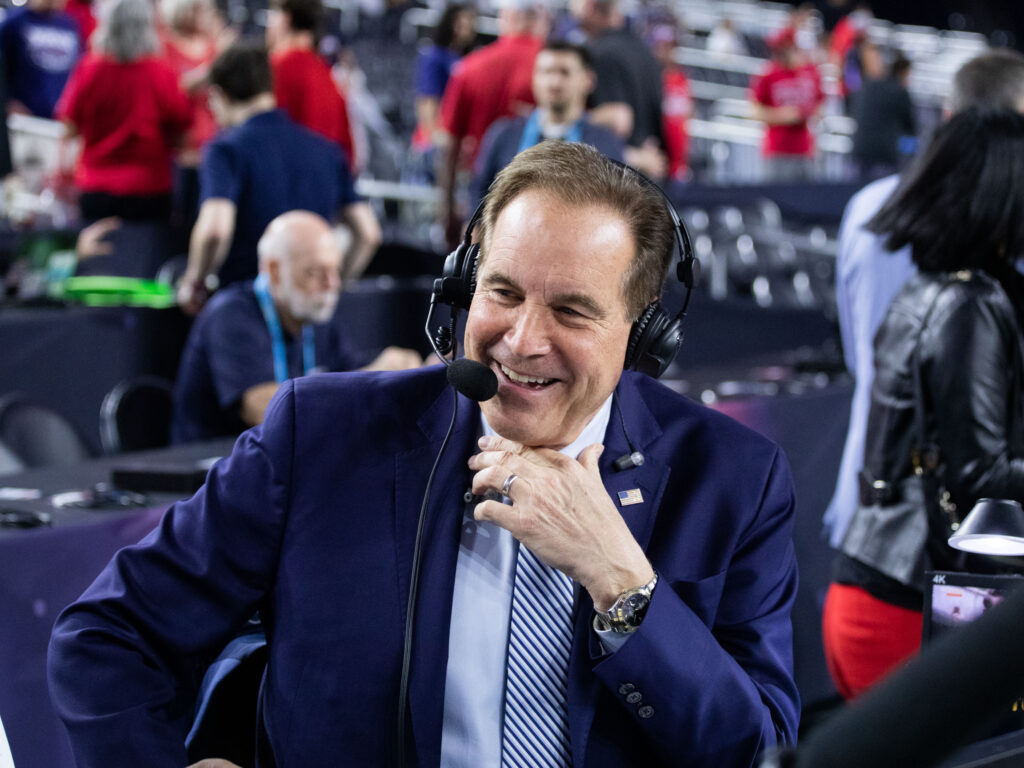 Jim Nantz is calling his last Final Four in Houston, less than six miles from his beloved alma mater University of Houston. Dick Vitale came over to share a moment with Jim Nantz. (Photo by F. Carter Smith)
