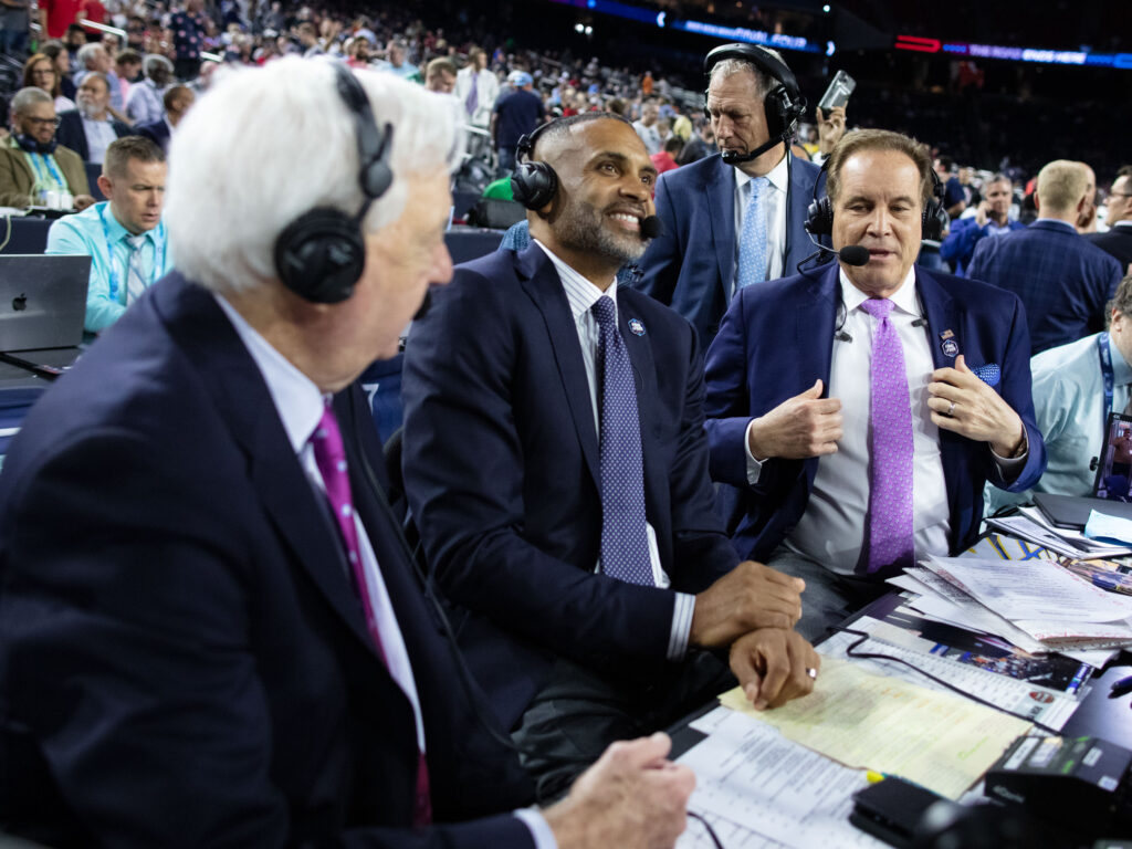 Bill Raftery, Grant Hill and Jim Nantz had some during Nantz's last Final Four broadcast. (Photo by F. Carter Smith)