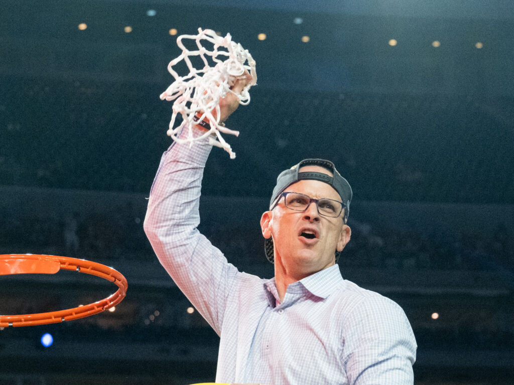 UConn coach Danny Hurley brought Jersey City with him to the national championship stage. (Photo by F. Carter Smith)