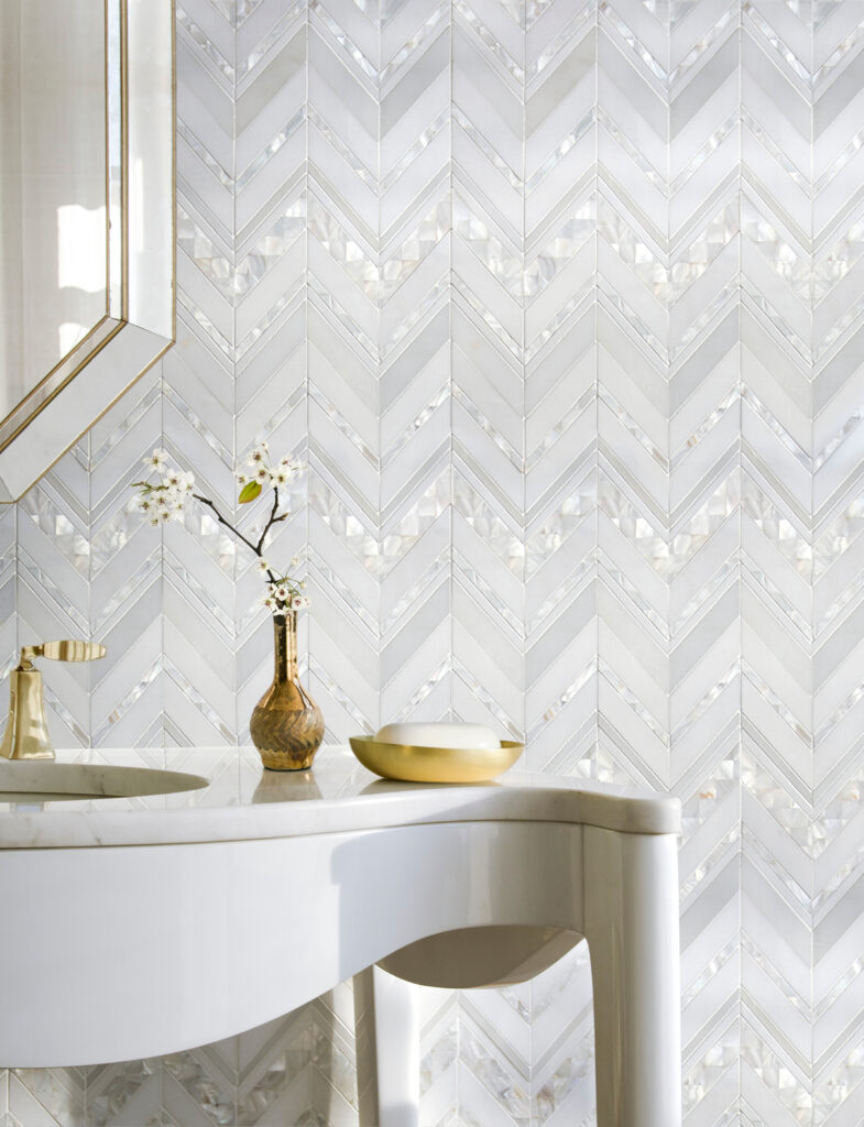 Magdalena, shown in polished Paperwhite, polished Thassos, and Shell is part of New Ravenna's Studio Line. All mosaics in this collection are ready to ship within 48 hours.