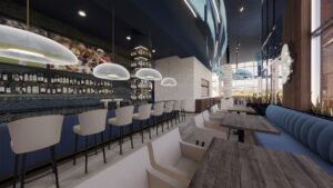 The bar and main dining area at Azzurro Italian Coastal Cuisine are done in a coastal motif of blue and white.