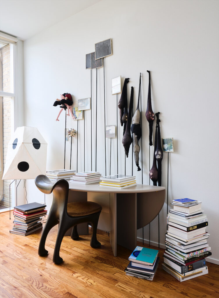In the study, artwork by Annette Messager. Desk Kazuhide Takahama. Chair is Jordan Mozer. Isamu Noguchi lamp. (Photo by Jack Thompson)