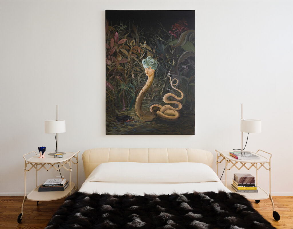 In the main bedroom, a Dalton Gata painting. Kartell nightstands. Bed by Jay Friedman for Brueton. (Photo by Jack Thompson)