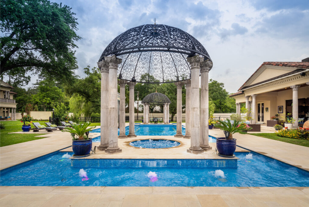 The pool pavilion at 6 West Rivercrest in Briar Forest speaks to Palladian influences