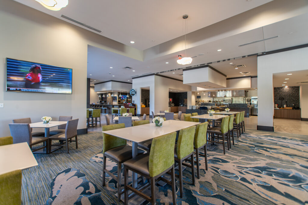 The Embassy Suites hotel is at 1855 Hughes Landing Boulevard in The Woodlands and is just a short walk to the Pavilion.