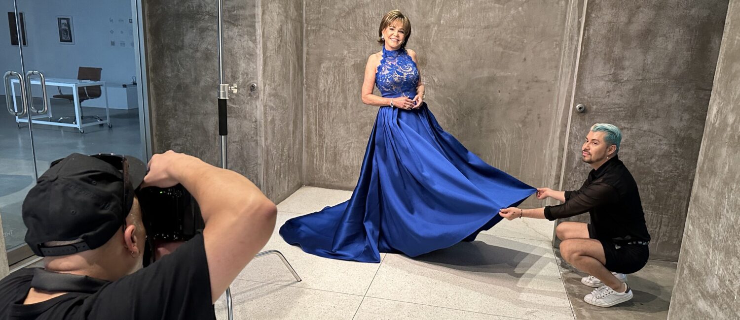 PaperCity Best Dressed Hall of Fame honoree Hallie Vanderhider in a Pamela Rolland gown.