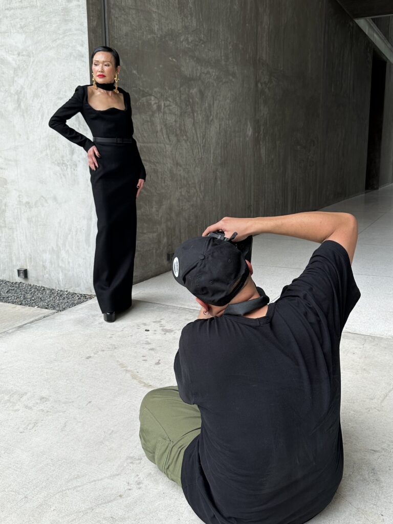 PaperCity Philanthropy in Fashion Best Dressed honoree Duyen Nguyen, being photographed by Ivan Aguirre, exudes drama in her Saint Laurent gown.