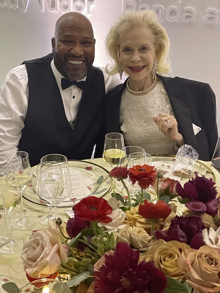 Hip-hop artist Bun B loans Lynn Wyatt his jacket at the Queen Sofia Spanish Institute awards dinner at the Museum of Fine Arts, Houston. (Photo by Mark Sullivan)